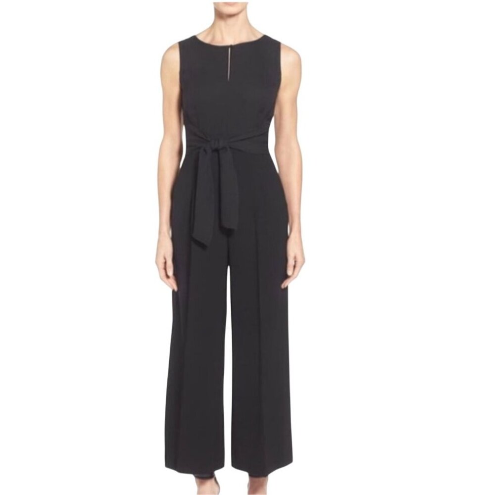 Lafayette 148 New York Tamara Wide Leg Tie Front Black Sleek Techno Jumpsuit 10